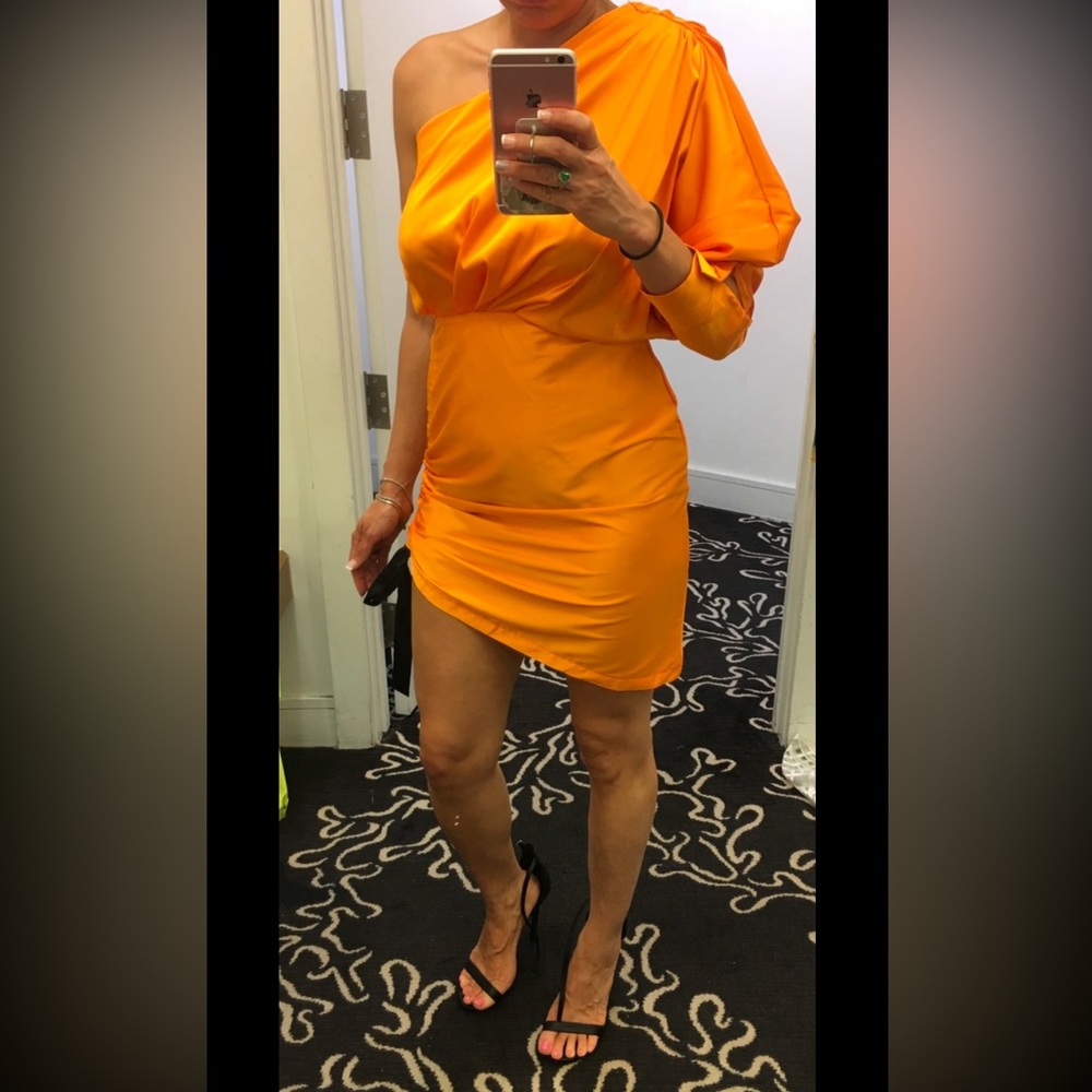 One Shoulder Dress, Satin, short Orange/Gold Color, classy cocktail, Size S